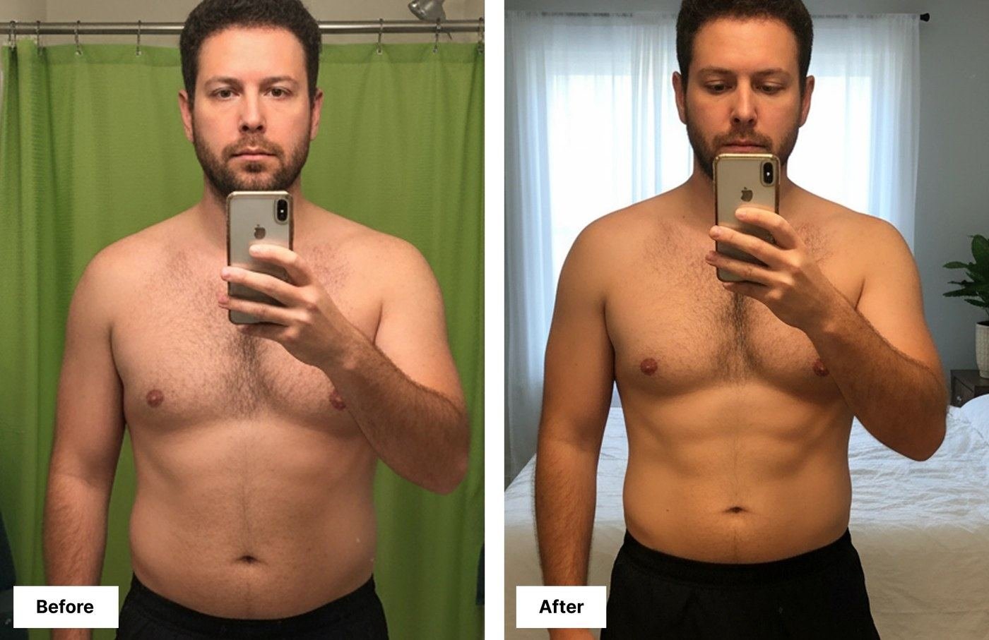 Progress comparison photos paired with Hume Body Pod body composition data